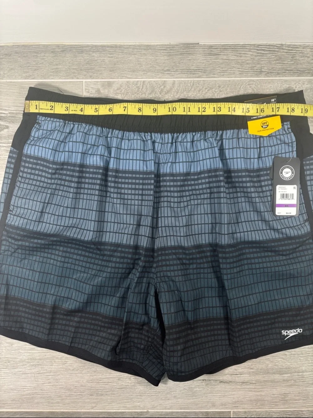 NWT Speedo Men's 2XL Swim Trunks Blue Grid Geometric Board Shorts UPF 50